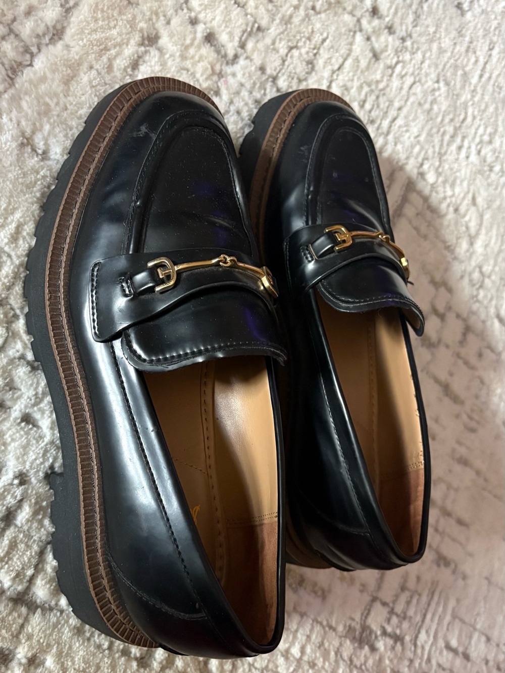 Sam Edelman chunky Black Leather Loafers with Gold Bit - Picture 2 of 5